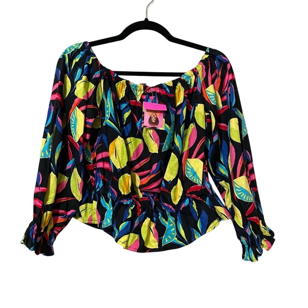 Tabitha Brown Target Black Lemon Blouse S Beachy Vacation Tropical Off Shoulder